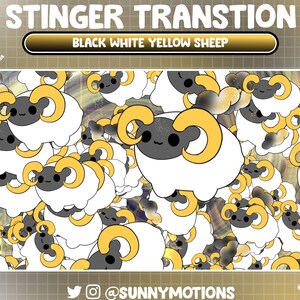 May include: A repeating pattern of cartoon sheep with black faces, white wool, and yellow horns. The image has text that reads "STINGER TRANSTION" and "BLACK WHITE YELLOW SHEEP". The background has a blurred, abstract design.