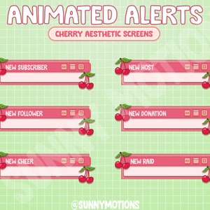 6x animerade Twitch-estetiska pixelröd körsbärsfrukt datorbox-overlay-aviseringar / ny följare / prenumerant / värd / raid / hejarop / donation