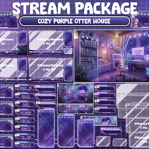 May include: A purple and blue themed Twitch stream package with a cozy otter house illustration. The package includes overlays for new donations, new subscribers, new hosts, new raids, new followers, and more. The package also includes a 'Be Right Back' screen and a 'About Me' section with options for rules, shop, artwork, contact, donate, TikTok, and credits.