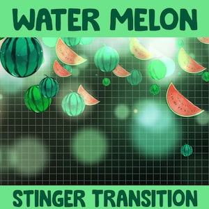 Pode incluir: Fatias de melancia e melancias inteiras caindo sobre um fundo de grade verde e preto com o texto "WATER MELON STINGER TRANSITION" na parte superior e inferior da imagem.
