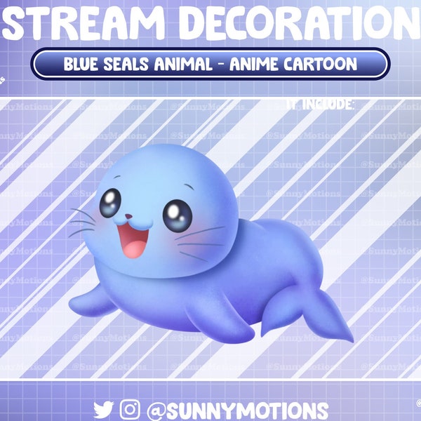 Animated Stream Decoration: Lo-fi Aesthetic Cute Blue Seals, Sea Animal Twitch Overlay, Kawaii Pretty Seal Alert Webcam Border Anime Cartoon