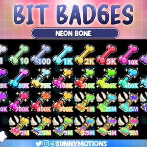 May include: A set of 20 neon bone badges with different numbers on them, ranging from 1 to 5 million. The badges are in a variety of colors, including pink, blue, green, yellow, and orange. The badges are arranged in a grid pattern on a black background. The text "BIT BADGES" and "NEON BONE" is at the top of the image. The text "@SUNNYMOTIONS" is at the bottom of the image.