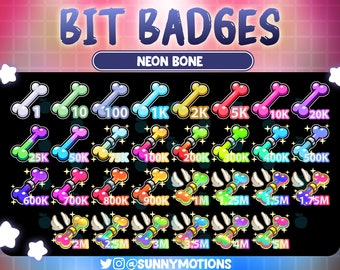 May include: A set of 20 neon bone badges with different numbers on them, ranging from 1 to 5 million. The badges are in a variety of colors, including pink, blue, green, yellow, and orange. The badges are arranged in a grid pattern on a black background. The text "BIT BADGES" and "NEON BONE" is at the top of the image. The text "@SUNNYMOTIONS" is at the bottom of the image.