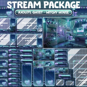 ANIMATED Stream Package Axolotl Ghost Witchy Celestial Game Desk Room, Dark Green Purple Halloween Raining Night, Fairy Light Twitch Overlay