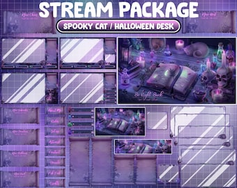 Animated Twitch Stream Package Overlay / Halloween Spooky Eyes Tea, Pink Gothic White Cat, Candle Skull, Magic Poison Bottle, Spooky Book