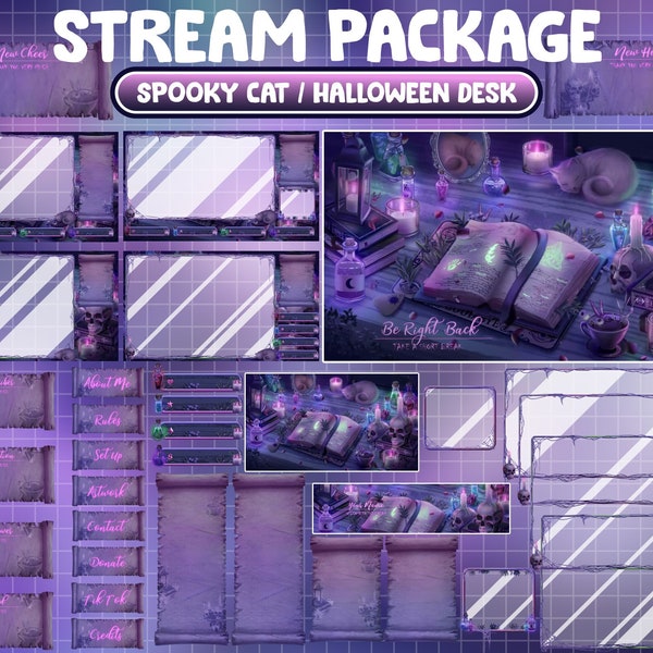 Animated Twitch Stream Package Overlay / Halloween Spooky Eyes Tea, Pink Gothic White Cat, Candle Skull, Magic Poison Bottle, Spooky Book