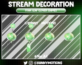 Animated Twitch Stream Decoration: Kawaii Cozy Four Leaf Clover Wind Chime, Lo-fi Aesthetic Lucky Wind Bell, St Patrick's Day Twitch Overlay