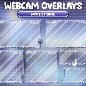 K&ouml;nnte beinhalten: Ein Satz von sechs Webcam-Overlays mit Winterthema. Die Overlays haben ein blaues und wei&szlig;es Farbschema mit Schneeflocken, Sternen und Monden. Der Text "WINTER FRAME" wird oben im Bild angezeigt.
