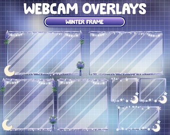 May include: A set of six webcam overlays with a winter theme. The overlays feature a blue and white color scheme with snowflakes, stars, and moons. The text "WINTER FRAME" is displayed at the top of the image.