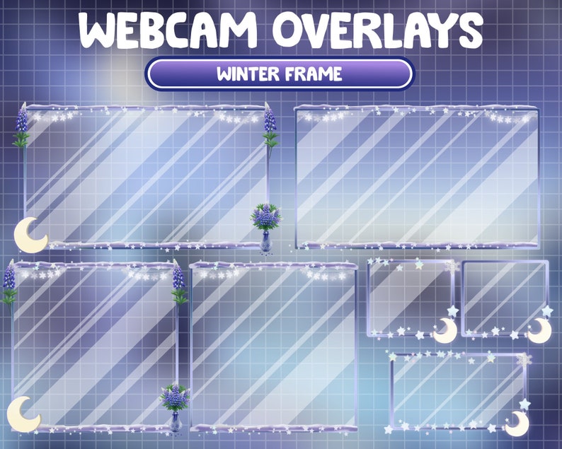 K&ouml;nnte beinhalten: Ein Satz von sechs Webcam-Overlays mit Winterthema. Die Overlays haben ein blaues und wei&szlig;es Farbschema mit Schneeflocken, Sternen und Monden. Der Text "WINTER FRAME" wird oben im Bild angezeigt.