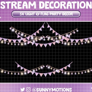 3x licht- en vlagfeest twitch-overlay stroomdecoratie, kleurrijk lichtsnaar gelukkige verjaardag, vlagbanner driehoek, kawaii pastelfeest