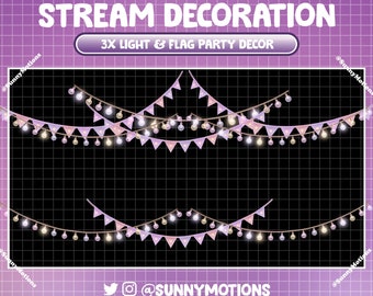 3x Light And Flag Party Twitch Overlay Stream Decoration, Colorful Light String Happy Birthday, Flag Banner Triangle, Kawaii Pastel Party