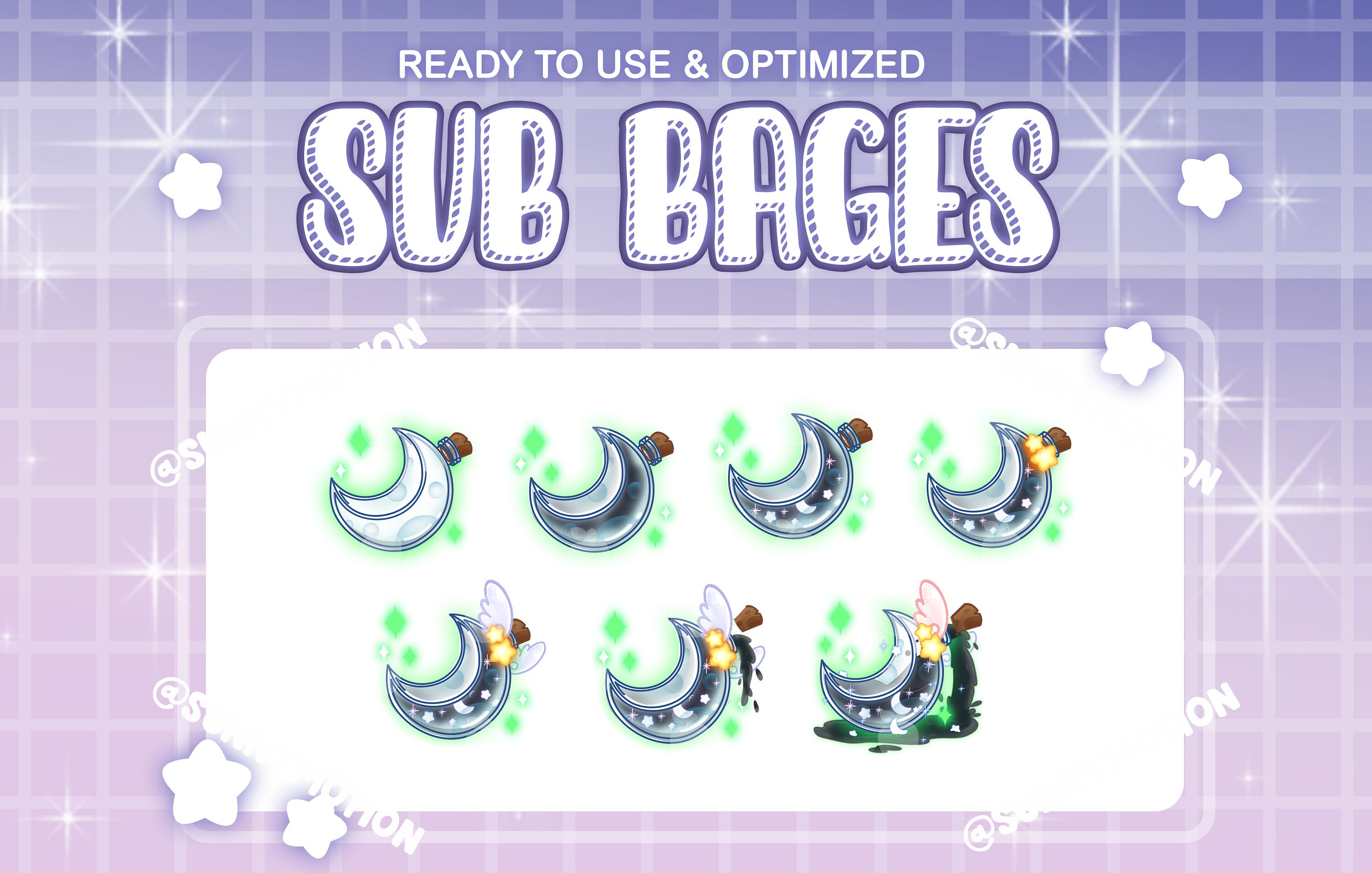 7 Black Angle Moon Green Star Magic Moon Bottle, Twitch Sub Bit Badges, Kawaii Cute Celestial, Galaxy, Space For Streamers, Magical Crescent