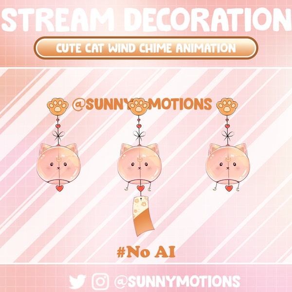 3x Animated Twitch Stream Decoration Animal: Kawaii Cozy Cat Wind Chime, Lo-fi Aesthetic Kitty Wind Bell Twitch Overlay, Cute Vtuber Add-on