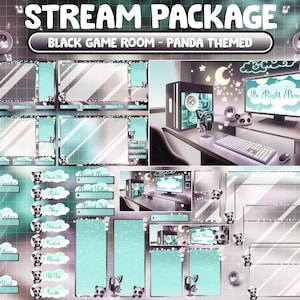 Paquete ANIMADO de transmisión de superposición de Twitch / Lo-fi Estética Retro Black Teal House / Acogedora sala de juegos / Panda lindo / Panel de alerta de oso gigante