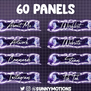May include: A digital art graphic with the text "60 PANELS" at the top. Below are eight neon purple panels with butterfly accents and various text labels, including "About Me," "Wishlist," "Artwork," "Website," "Commands," "Steam," "Instagram," and "Tik Tok."