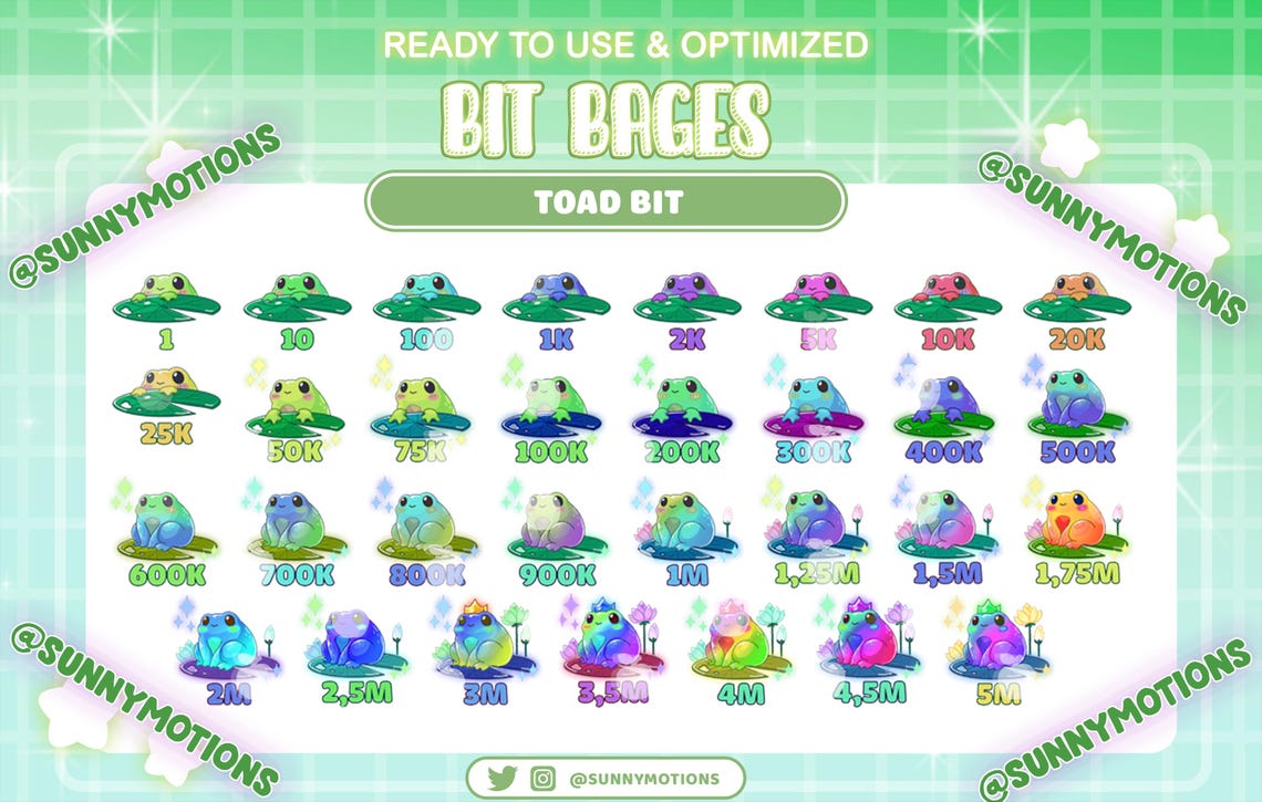 31 Colorful Neon Toad Number Complete Twitch Tier Bit Badges Set, Kawaii Frog Bit, Lotus Pond ...