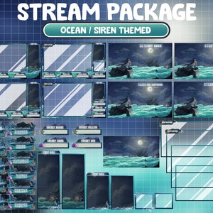 FULL ANIMATED Twitch Stream Package / Siren Ocean Art Theme With Stunning Shipwreck / Ocean Night / Mermaid / Twitch Overlays / Waves Sea