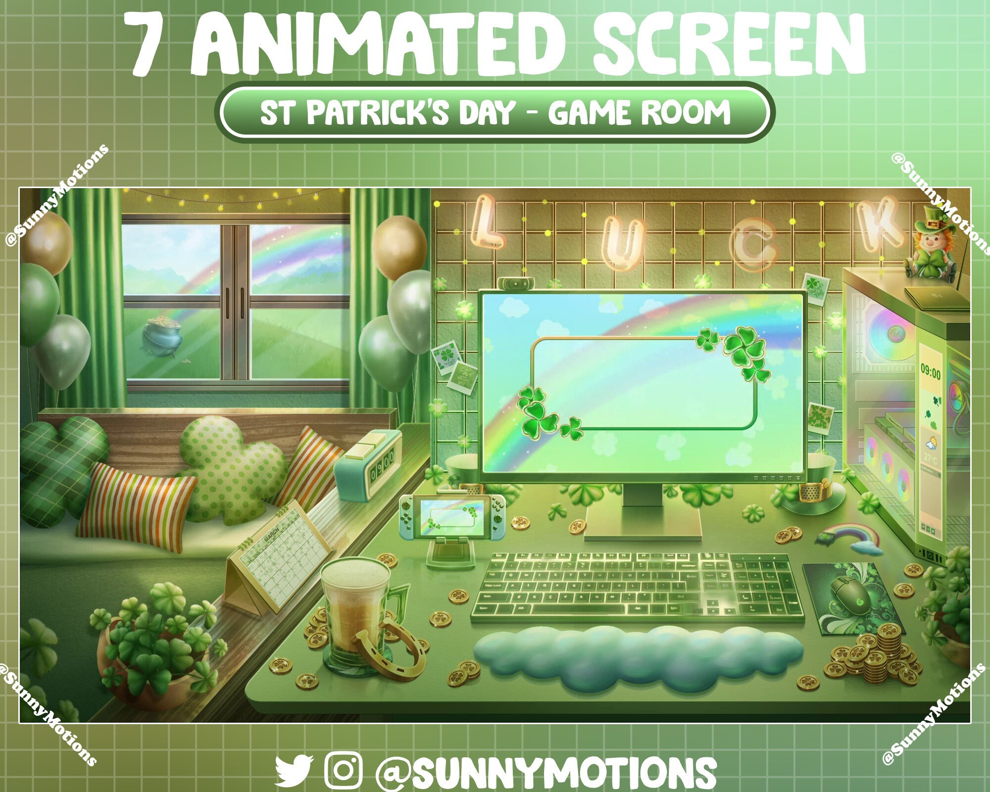 7 Animated Four Leaf Clover Lo-fi Desk, Green Game Room Set up Twitch ...