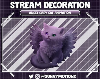 Animated Stream Decoration: Kawaii Cute Gray Purple Kitty, Aesthetic Fluffy Angle Wings Cat, Baby Witchy Meow Twitch Overlay Alert Scene