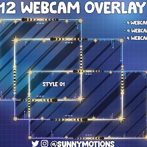 Peut inclure: Graphique numérique présentant 12 superpositions de webcam en bleu et blanc. Les superpositions sont en formats 16x9, 4x3 et 1x1. Le design comprend des accents d'étoiles et de phases lunaires, avec le texte "12 WEBCAM OVERLAY" en haut. Le style est "STYLE 01".