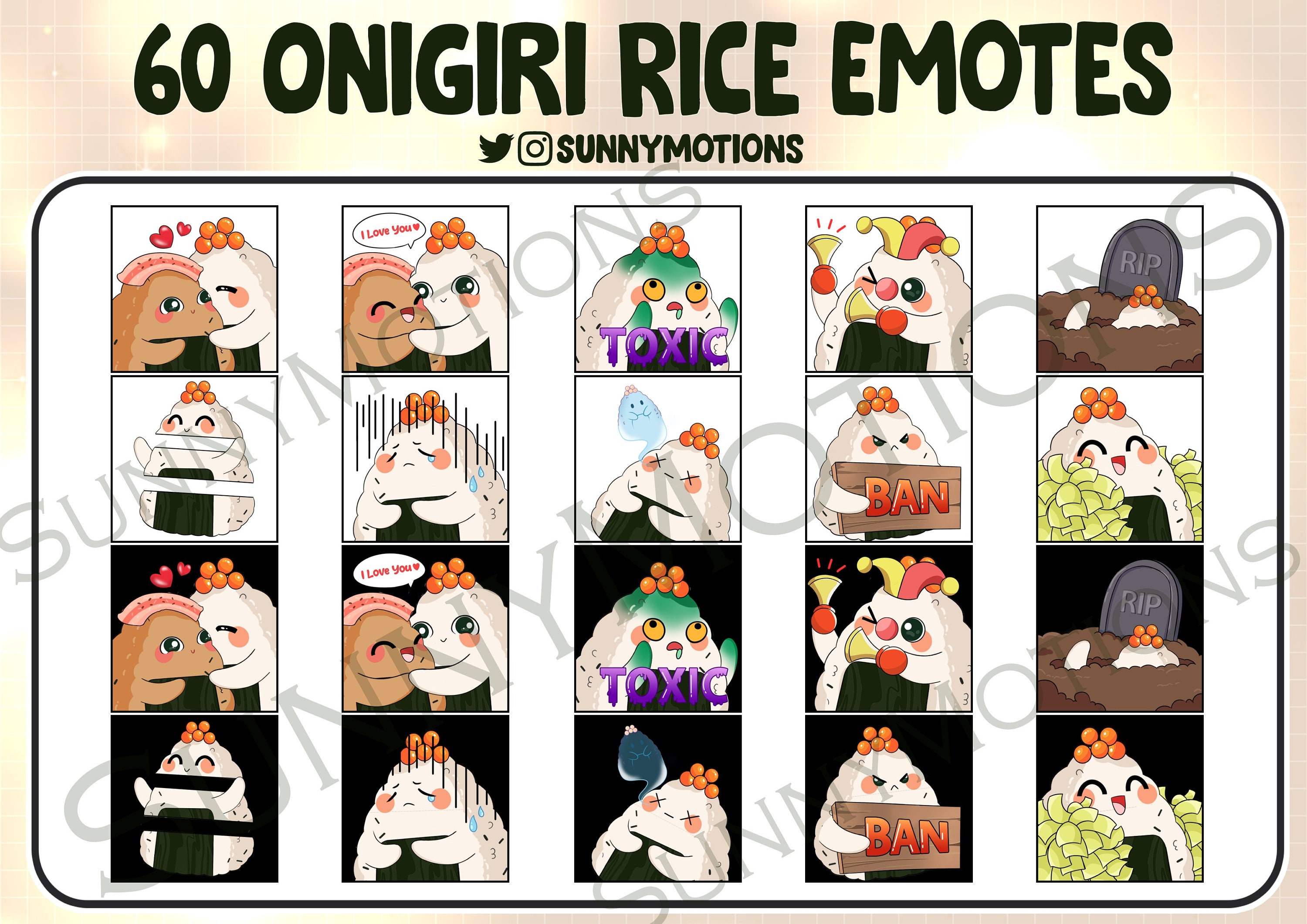 60x Cute Chibi Onigiri Rice Twitch Discord Mixer Youtube Emotes, Kawai ...