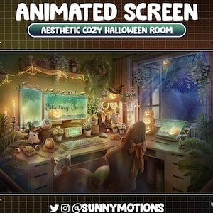 Écran de diffusion Twitch ANIMÉ : salle d&#39;installation de jeux de plantes cosy et esthétique, maison d&#39;Halloween bleu vert chaud, citrouille, pot de plante suspendu lumineux chauve-souris