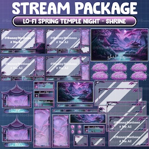 Peut inclure: Un ensemble de superpositions de flux Twitch avec un thème de temple japonais et de fleurs de cerisier dans des tons de violet et de rose. Les superpositions comprennent un écran de démarrage imminent, une boîte de discussion, un écran de suivi récent, un écran d'abonné récent, un écran de cheer récent, un écran de nouveaux chatteurs, un écran de nouvel abonné, un écran de nouveau don, un écran à propos de moi, un écran de règles, un écran d'œuvres d'art, un écran de liens et un écran de dons.