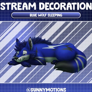May include: A blue wolf with black and white stripes sleeping on a blue and white striped background. The text "BLUE WOLF SLEEPING" is above the wolf. The text "@SUNNYMOTIONS" is below the wolf.