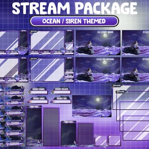 FULL ANIMATED Twitch Stream Package / Violet Siren Ocean Night Art Theme With Stunning Shipwreck / Mermaid / Purple Overlays / Waves Sea