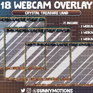 18 Animated Crystal Gold Treasure Webcam Overlay, Gemstone Forest, Frame Deco, Border, Camera Stream Twitch, YouTube, KICK, OBS, Streamlabs