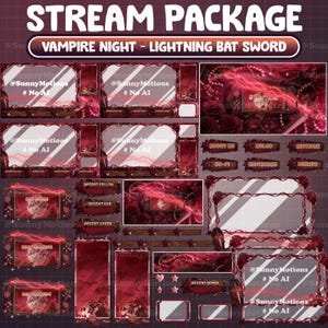ANIMATED Stream Package: Lo-fi Aesthetic Crimson Vampire Sword, Halloween Twitch Overlay, Bat Flying Red Rose Pearl Coffin Alert Panel Scene
