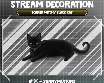 Animated Stream Decoration Cute Pet: Spooky Black Cat Laying Down, Scared Witchy Kitty Yellow Eyes, Kawaii Halloween Kitten Twitch Overlay