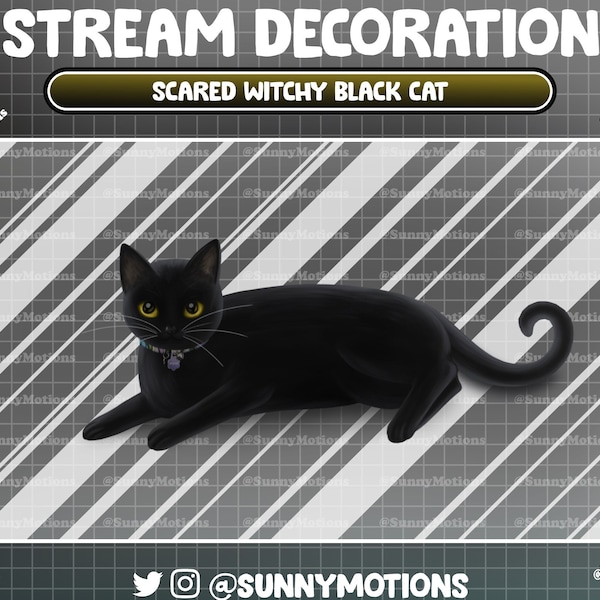 Animated Stream Decoration Cute Pet: Spooky Black Cat Laying Down, Scared Witchy Kitty Yellow Eyes, Kawaii Halloween Kitten Twitch Overlay
