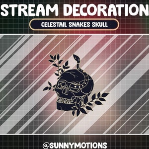 May include: Black and gold illustration of a snake wrapped around a skull with leaves. The text "Celestial Snakes Skull" is above the image and "@SUNNYMOTIONS" is below the image.
