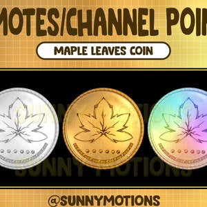 Puede incluir: Tres versiones diferentes de una moneda con un diseño de hoja de arce. Las monedas son plateadas, doradas e iridiscentes. El texto "Maple Leaves Coin" está por encima de las monedas.