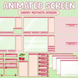 Peut inclure: Superpositions d'écran animées avec une esthétique cerise. Les superpositions présentent un motif de cerises rose et blanc avec du texte qui dit "Contact", "S'abonner", "Commandes", "Œuvres d'art", "À propos de moi", "Début bientôt" et "Actuellement hors ligne".