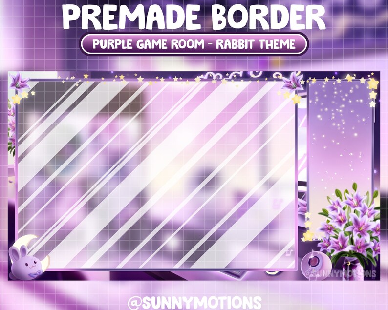 May include: Purple and white striped border with a rabbit and moon design in the bottom left corner. The border has a purple background with white stars and a purple flower design in the top right corner. The text "PREMADE BORDER" is at the top of the image and "PURPLE GAME ROOM - RABBIT THEME" is in a smaller box below it. The text "@SUNNYMOTIONS" is at the bottom of the image.