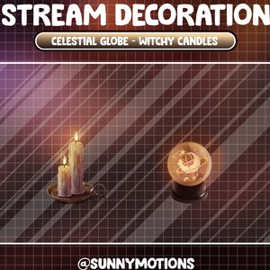 May include: Two white candles with a golden base on a black and white grid background. A glass globe with a celestial design and a golden base is on the right side of the image. The text "Celestial Globe - Witchy Candles" is on a white banner above the image.