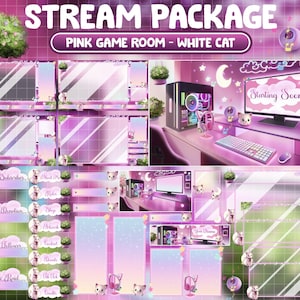 Pacchetto streaming ANIMATO Twitch Overlay / Gatto bianco estetico lo-fi / Stanza delle piante rosa retrò / Accogliente sala giochi per giocatori Kawaii / Pannello avvisi gattino
