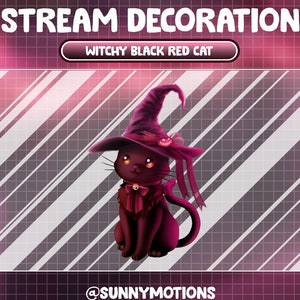 Animated Stream Decoration Animal Soft Plushy Toy / Lofi Aesthetic Witchy Black Red Kitty / Halloween Cat /Meow Add-on Kawaii Twitch Overlay