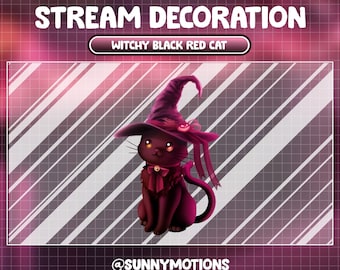 Animated Stream Decoration Animal Soft Plushy Toy / Lofi Aesthetic Witchy Black Red Kitty / Halloween Cat /Meow Add-on Kawaii Twitch Overlay