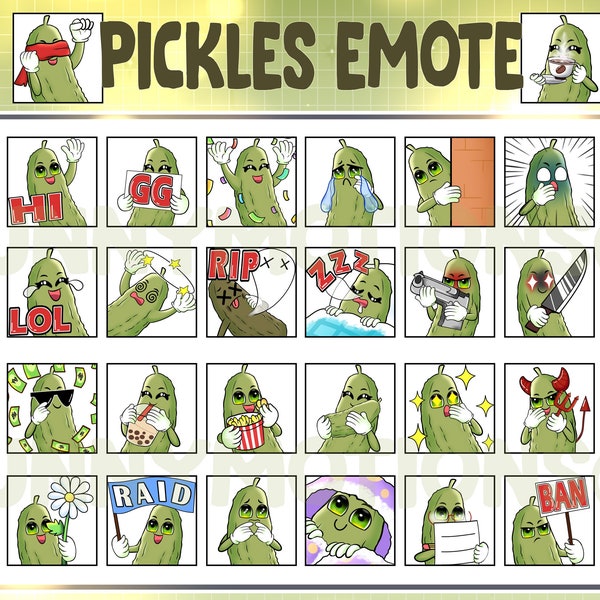 36x  Cute Chibi Kawaii Pickles Twitch Discord Mixer Youtube Emotes / Fruit Emoji / Subscriber Badges / Green Cucumber Loyalty Sub Bit Badges