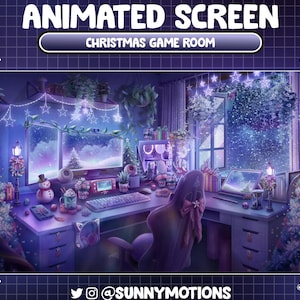 Puede incluir: Una pantalla animada que presenta una escena de sala de juegos navideña. La habitación está decorada con árboles de Navidad, luces de hadas y un muñeco de nieve. El texto "ANIMATED SCREEN" y "CHRISTMAS GAME ROOM" se muestra en la parte superior.