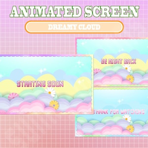 Puede incluir: Superposiciones de pantalla animadas con un tema de nubes de ensueño. Las superposiciones presentan texto que dice "Starting Soon", "Be Right Back" y "Thank For Watching".