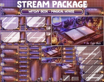 Animated Twitch Stream Package Overlay: Aesthetic Cozy Celestial Witchy Tarot Desk, Magical Moon Book, Tea Cat Mug Antique Potion Halloween
