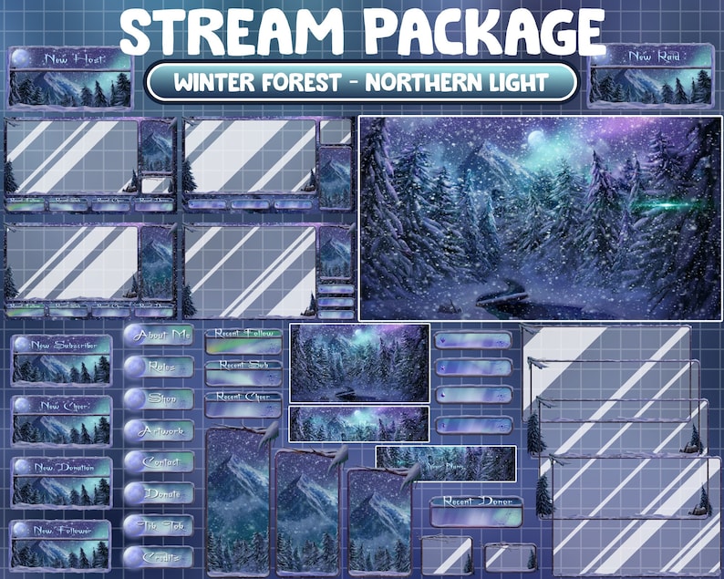 K&ouml;nnte beinhalten: Ein Twitch-Stream-Paket zum Thema Winterwald mit einem blauen und violetten Farbschema. Das Paket enth&auml;lt eine Vielzahl von Overlays, darunter ein neuer Host, ein neuer Abonnent, ein neuer Follower, eine neue Spende, ein neuer Cheer, &Uuml;ber mich, Regeln, Shop, Kunstwerke, Kontakt, Spenden und Overlays f&uuml;r k&uuml;rzliche Spender. Das Paket enth&auml;lt auch ein Hintergrundbild eines schneebedeckten Waldes mit Mond und Nordlichtern.