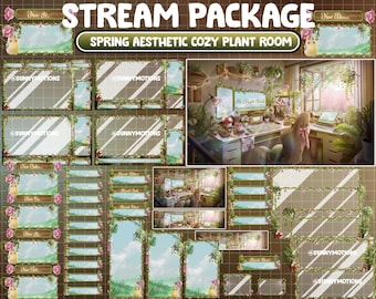 ANIMATED Twitch Overlay Stream Package: Lo-fi Aesthetic Desk In Green Plant Room / Cherry Blossom Garden / Soft Morning / Mushroom, Sakura