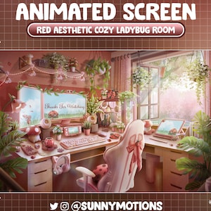 ANIMATED Twitch Stream Screen: Red Aesthetic Day Spring, Lo-fi Desk Ladybugs, Cherry Blossom Garden Cozy Setup Game Room Sakura Hanging Pot