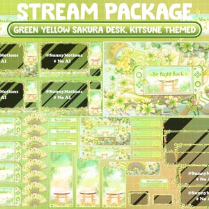 Puede incluir: Un paquete de transmisión digital con un tema de escritorio sakura verde y amarillo. El diseño incluye una máscara de kitsune, elementos florales y varios gráficos de superposición para plataformas de transmisión. El texto incluye "Be Right Back" y identificadores de redes sociales.